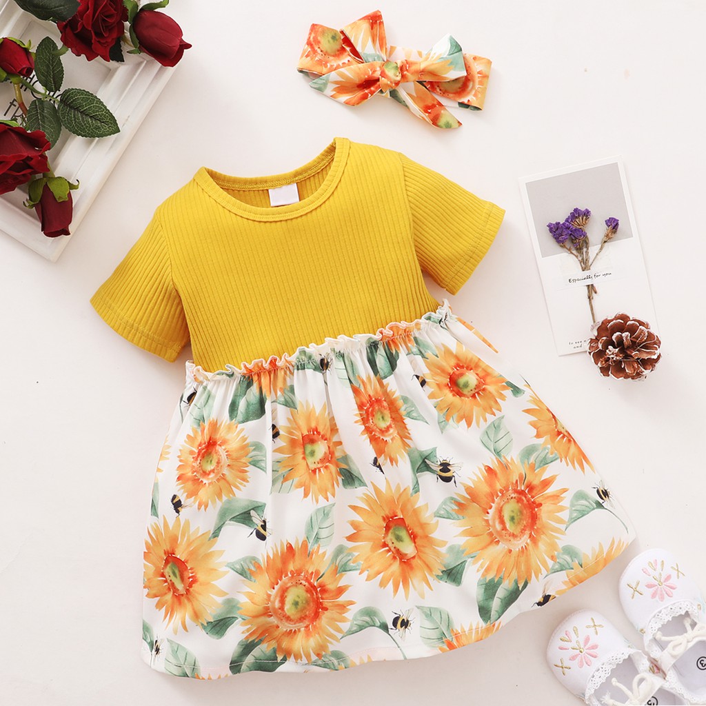 Set đầm + băng đô Mikrdoo vải cotton in hoa phong cách mùa hè xinh xắn dành cho bé gái