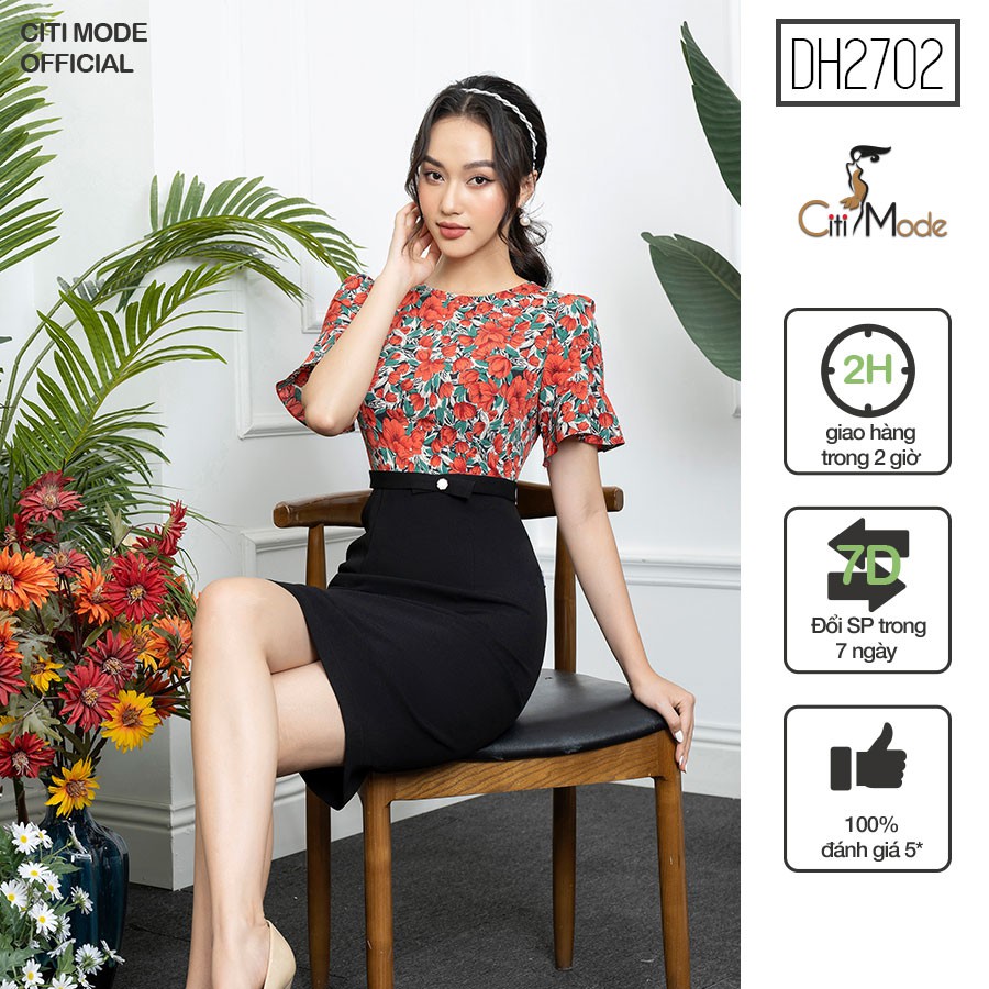 Đầm ôm peplum công sở đen phối hoa thân trên chất liệu co giãn cao cấp DH2702