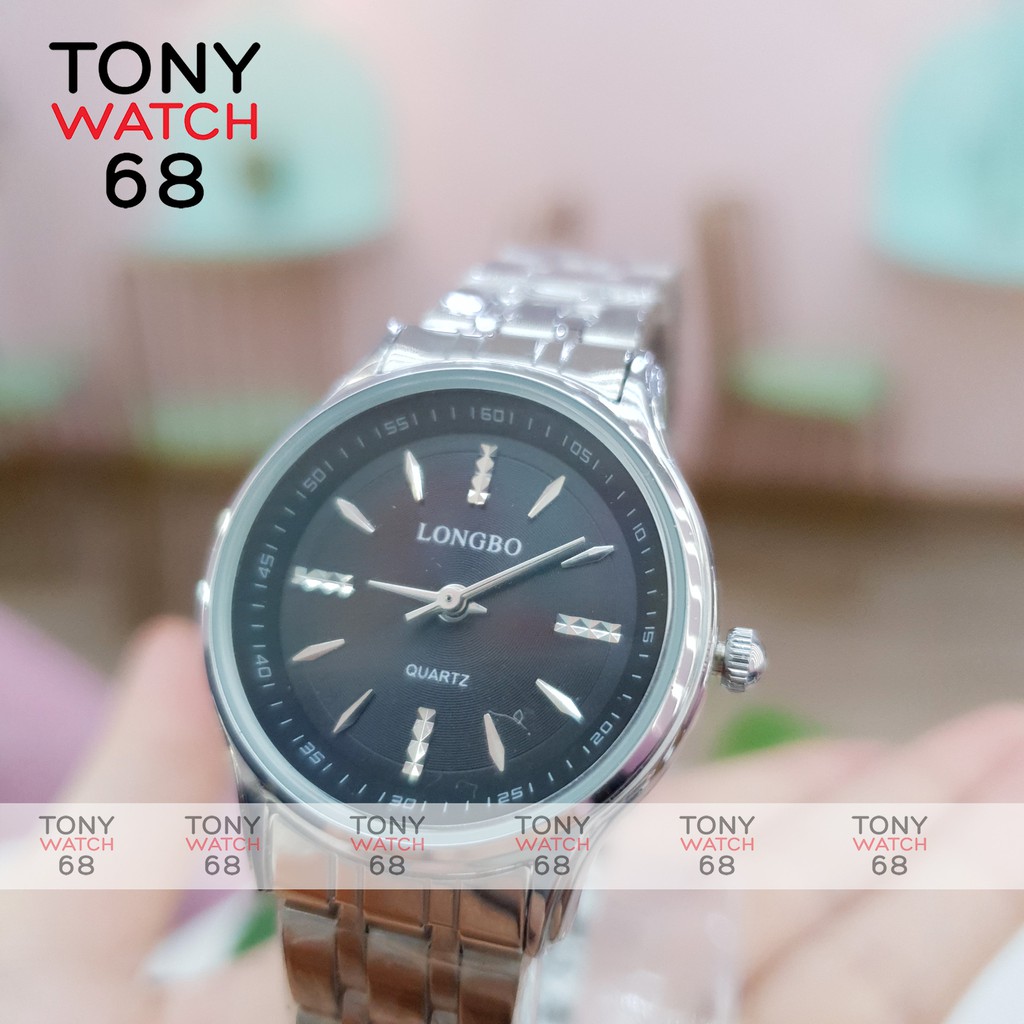 Đồng hồ cặp đôi Longbo nam nữ dây bạc mặt đen cổ điển dây kim loại chống nước chính hãng