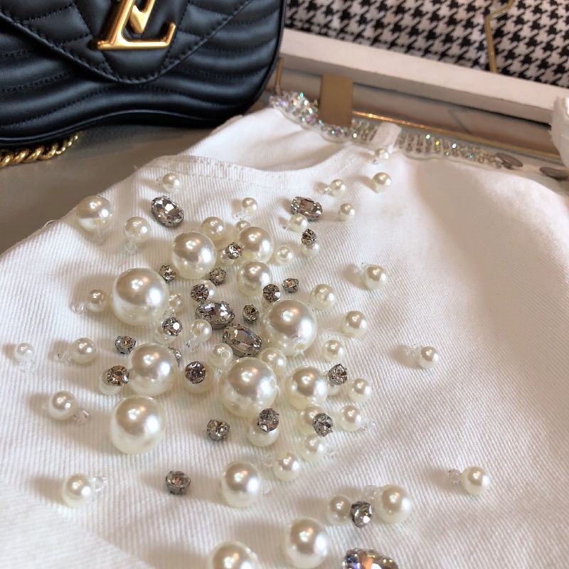 [pure cotton] European station denim shorts women's 2022 summer new heavy industry nail beaded drill high waist a wide leg trousers