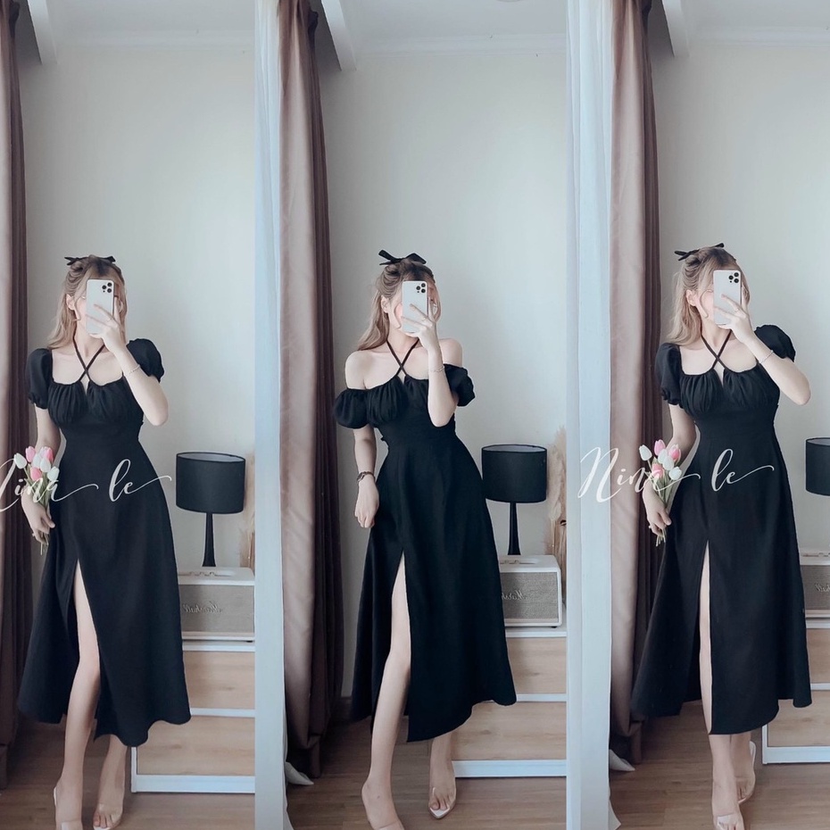 Đầm Đen Dự Tiệc,váy Midi Dáng Xòe Xẻ Tà Thiết Kế Tay Phồng Trễ Vai Ôm Body Sang Chảnh Thời Trang Xm Minh Phúc