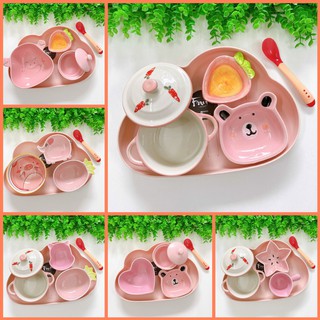 Set bát sứ ăn dặm màu hồng cho bé ăn dặm
