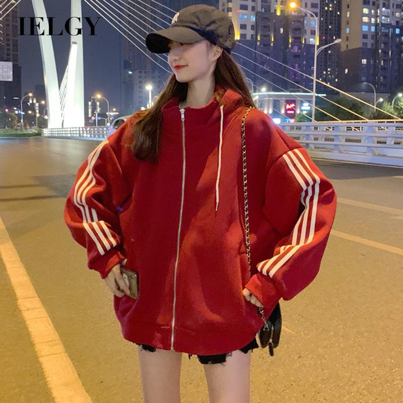 IELGY  Áo Nỉ Tay Dài Cổ Lọ Dáng Rộng Có Khóa Kéo Thời Trang Cho Nữ