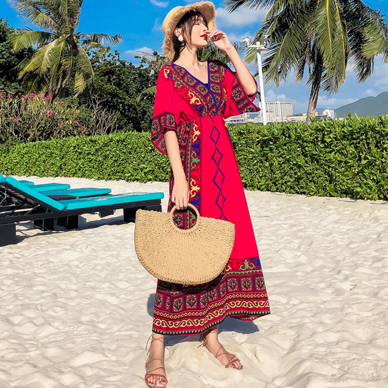 (SẴN) Váy / đầm thổ cẩm đỏ dáng xòe họa tiết hình khối thời trang đi biển hè V00049 | BigBuy360 - bigbuy360.vn