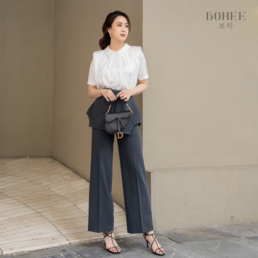 Áo sơ mi nữ tay ngắn công sở chất lụa kiểu độn vai xếp ly BOHEE A237