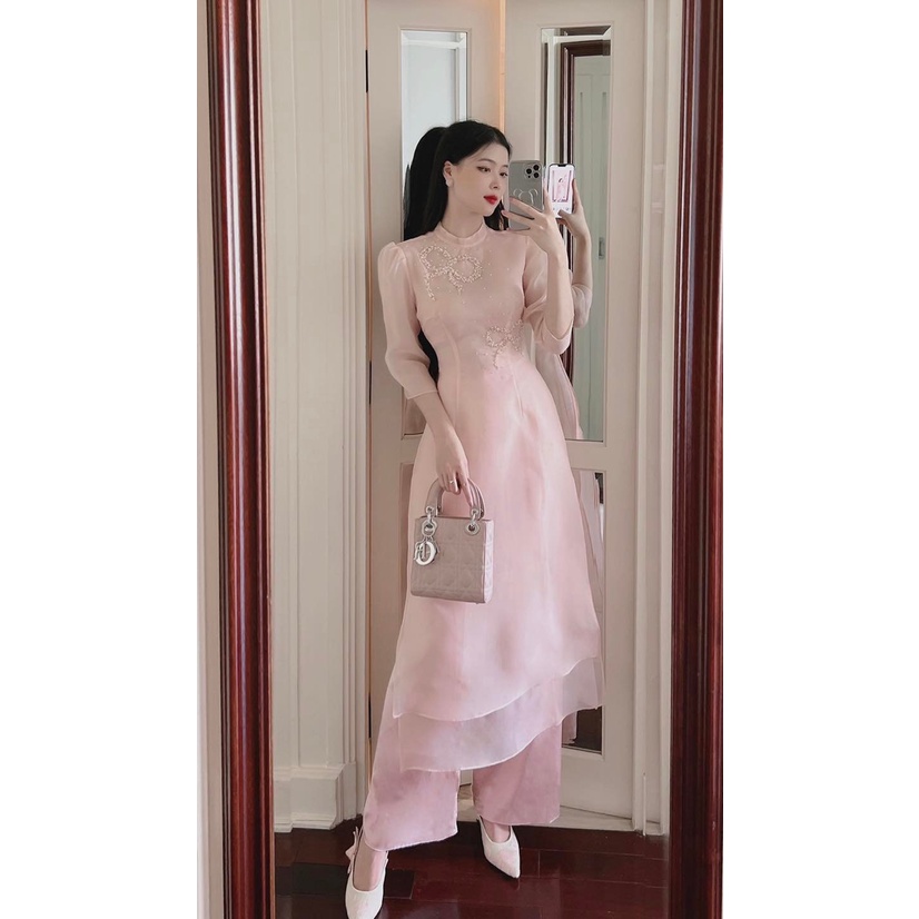 Áo Dài Cách Tân nơ hồng voon 4 Tà