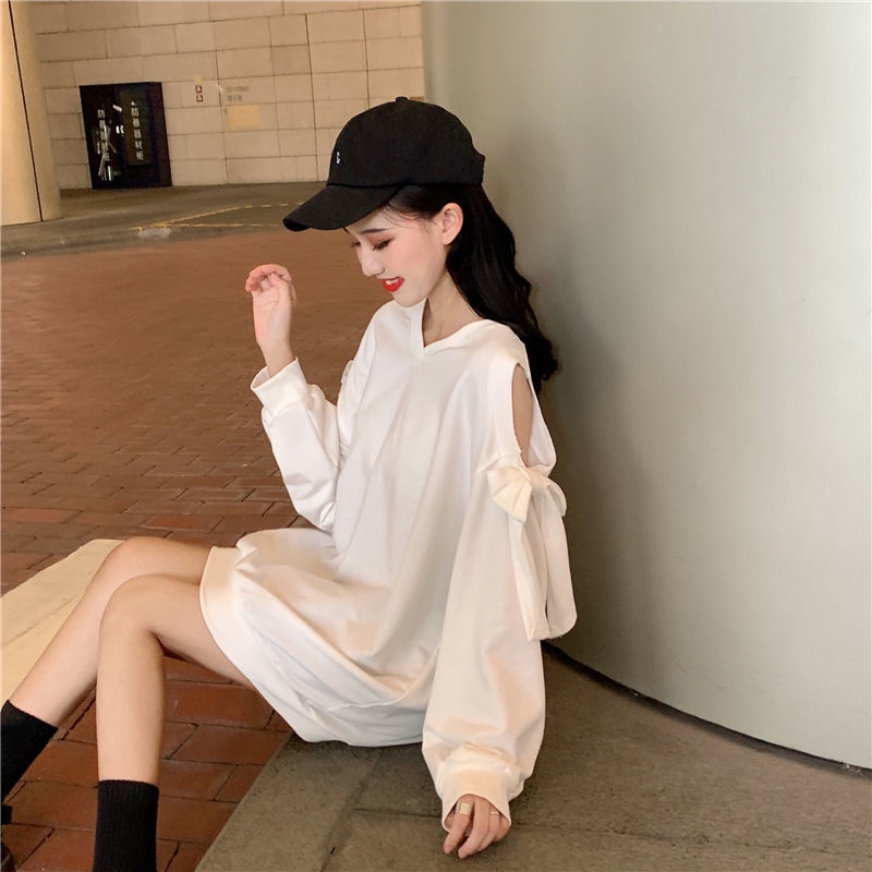 SUA004 Áo sweater thun cổ V đen trắng tay bồng khoét vai nơ babydoll cute thu đông thời trang nữ tính bánh bèo tiểu thư