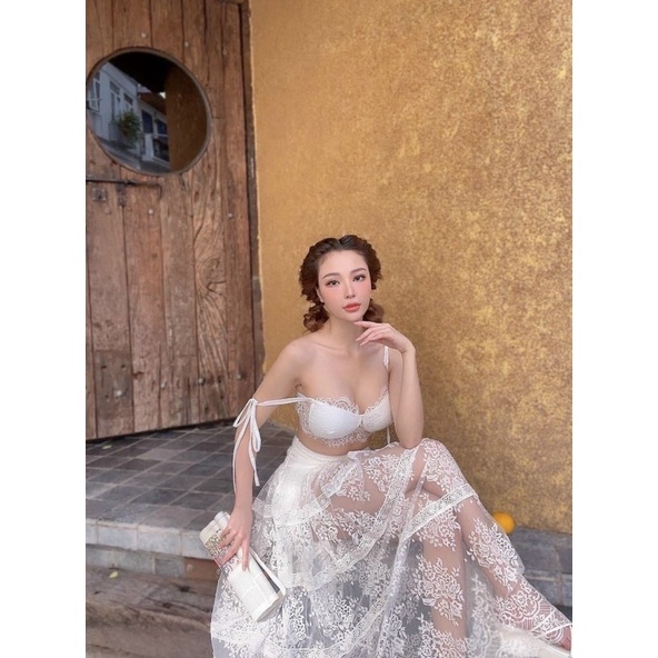 Set ren trắng áo bra 2 dây hở ngực kèm chân váy maxi dài, bộ hotgirl đi chơi du lịch đi biển sang chảnh quyến rũ gợi cảm