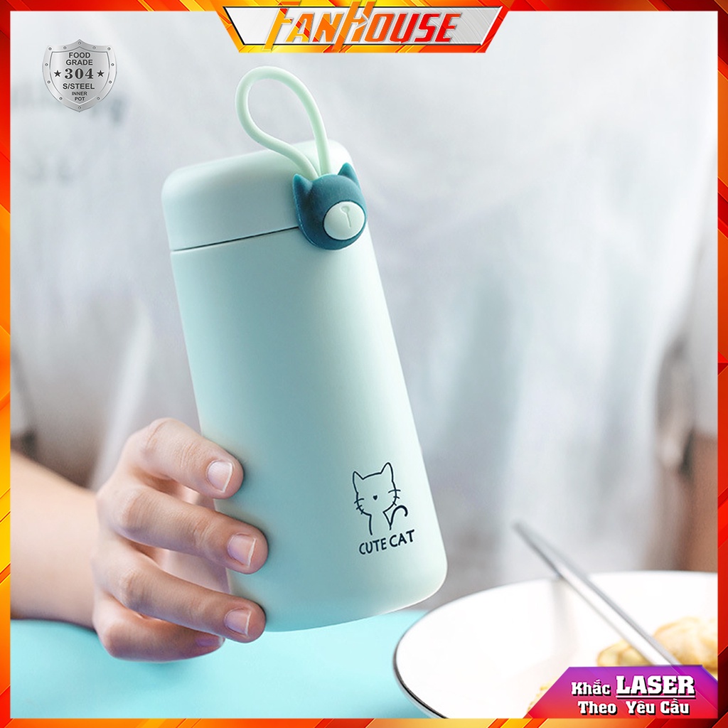 Bình giữ nhiệt mèo cho bé đi học, ly nước Cute Cat cho trẻ em inox 304 an toàn sức khoẻ, khắc tên bé theo yêu cầu