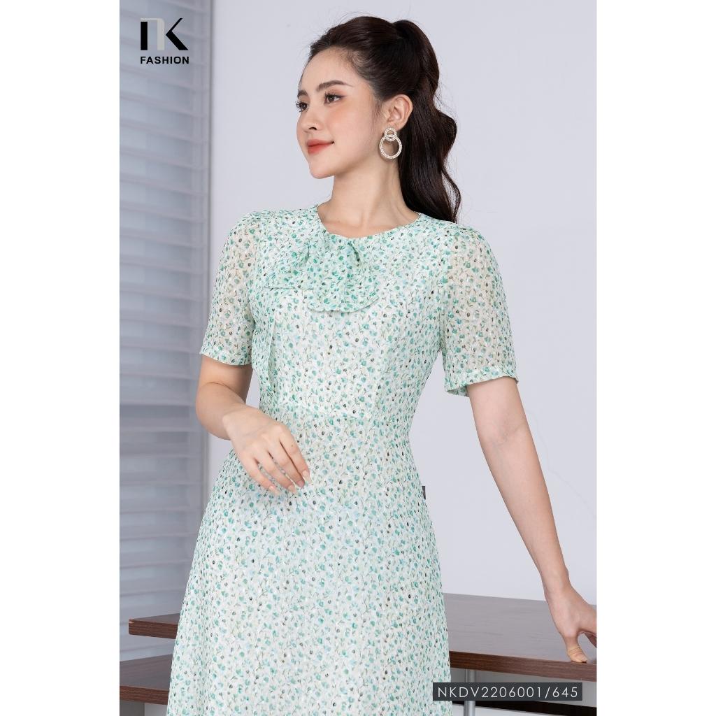 Đầm Nữ Dáng Xòe NK Fashion Họa Tiết Hoa Nổi Phối Nơ Cổ, Chất Voan Hàn Cao Cấp Mềm Mịn Có Lớp Lót NKDV2206001