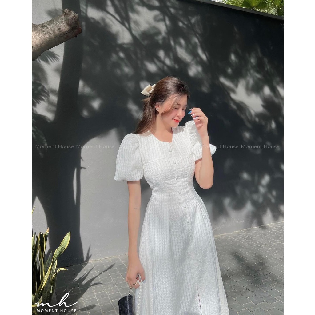 Đầm sợi thêu tay ngắn dáng dài xòe bồng phối nút bọc, hàng thiết kế may 2 lớp dày dặn, form lên chuẩn như hình (BOA)