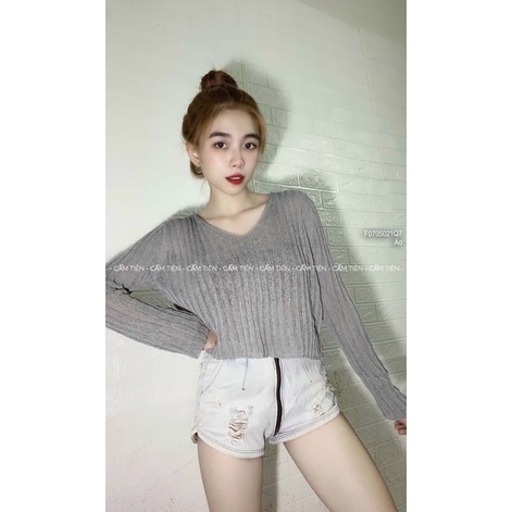 Áo len mỏng croptop tay dài