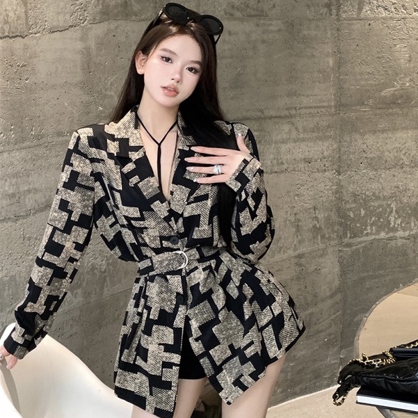 Bộ Áo Khoác Vest Tay Dài In Họa Tiết Caro + Đầm Hai Dây Màu Đen Co Giãn Phong Cách Hàn Quốc Thời Trang Cho Nữ