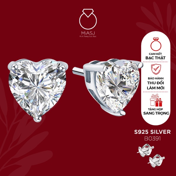Bông tai nữ Bạc Ý S925 MiASJ khuyên nụ hình đá tim , bông chốt vặn xoàng trang sức bạc cao cấp - B0391