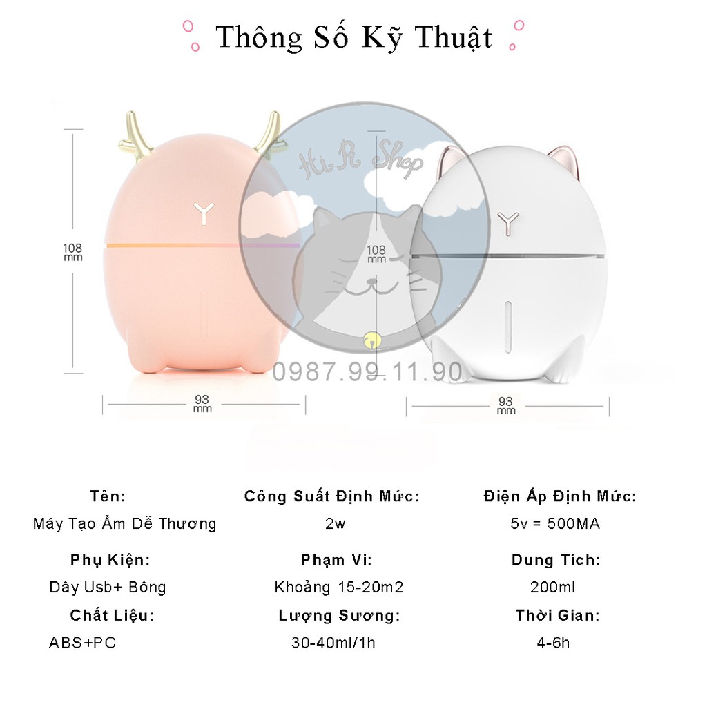 [Fullbox] Máy Phun Sương Tạo Độ Ẩm Hình Tai Mèo, Tuần Lộc Dễ Thương Cute Máy Xông Tinh Dầu Chất Liệu ABS