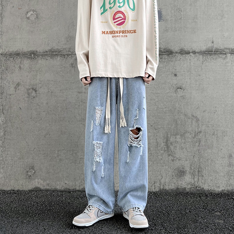 Quần jeans nam ống đứng rộng phối rách lưng thun trẻ trung
