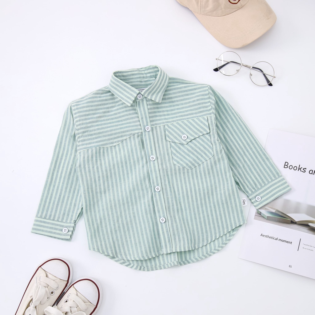 [25.6 GIẢM 40K ĐƠN 299K] Áo sơ mi bé trai ILABY kẻ dài tay túi ngực chất liệu thô cotton thoáng mát [22IB09600622]