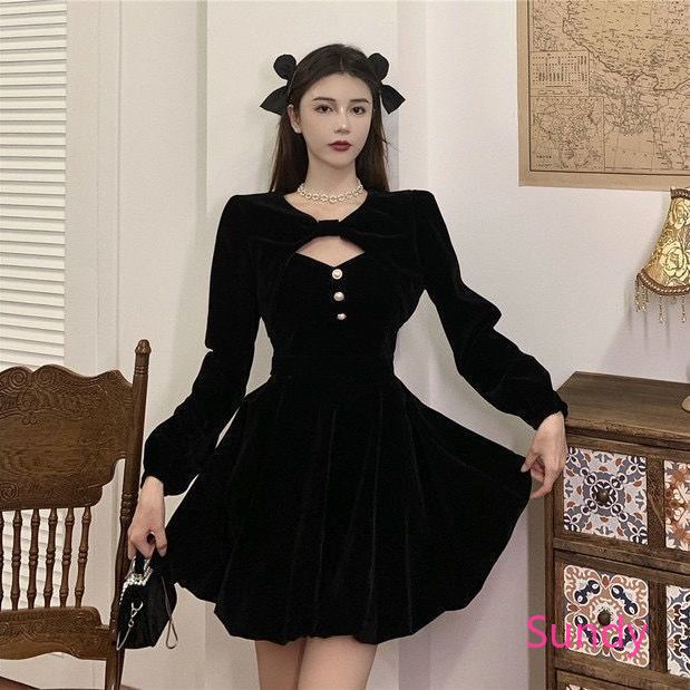 Đầm nhung dài tay thời trang mùa đông pháp dành cho nữ