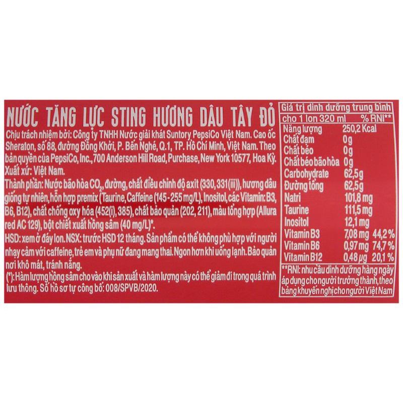 (Lốc6Lon) NướcTăngLực Sting Dâu Tây Đỏ 320ml