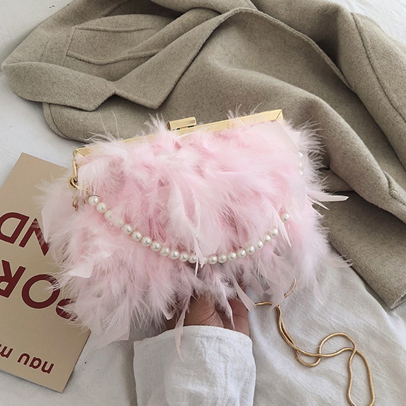 Túi Xách Đeo Chéo Đính Lông Vũ Và Ngọc Trai Thời Trang Dành Cho Nữ
