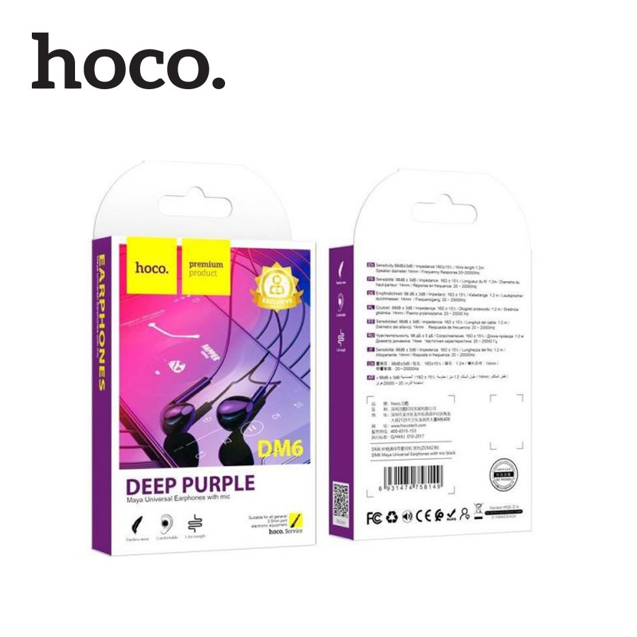 Tai nghe nhét tai Hoco DM6 jack 3.5mm, loa 14mm, micro đàm thoại, dây ABS + TPE tráng men, dài 120cm