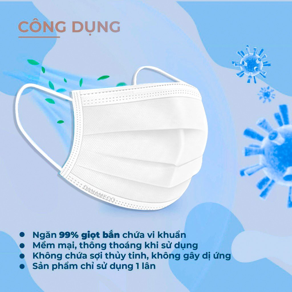 Khẩu trang y tế Danameco tiệt trùng từng chiếc 3 lớp kháng khuẩn màu trắng H2C