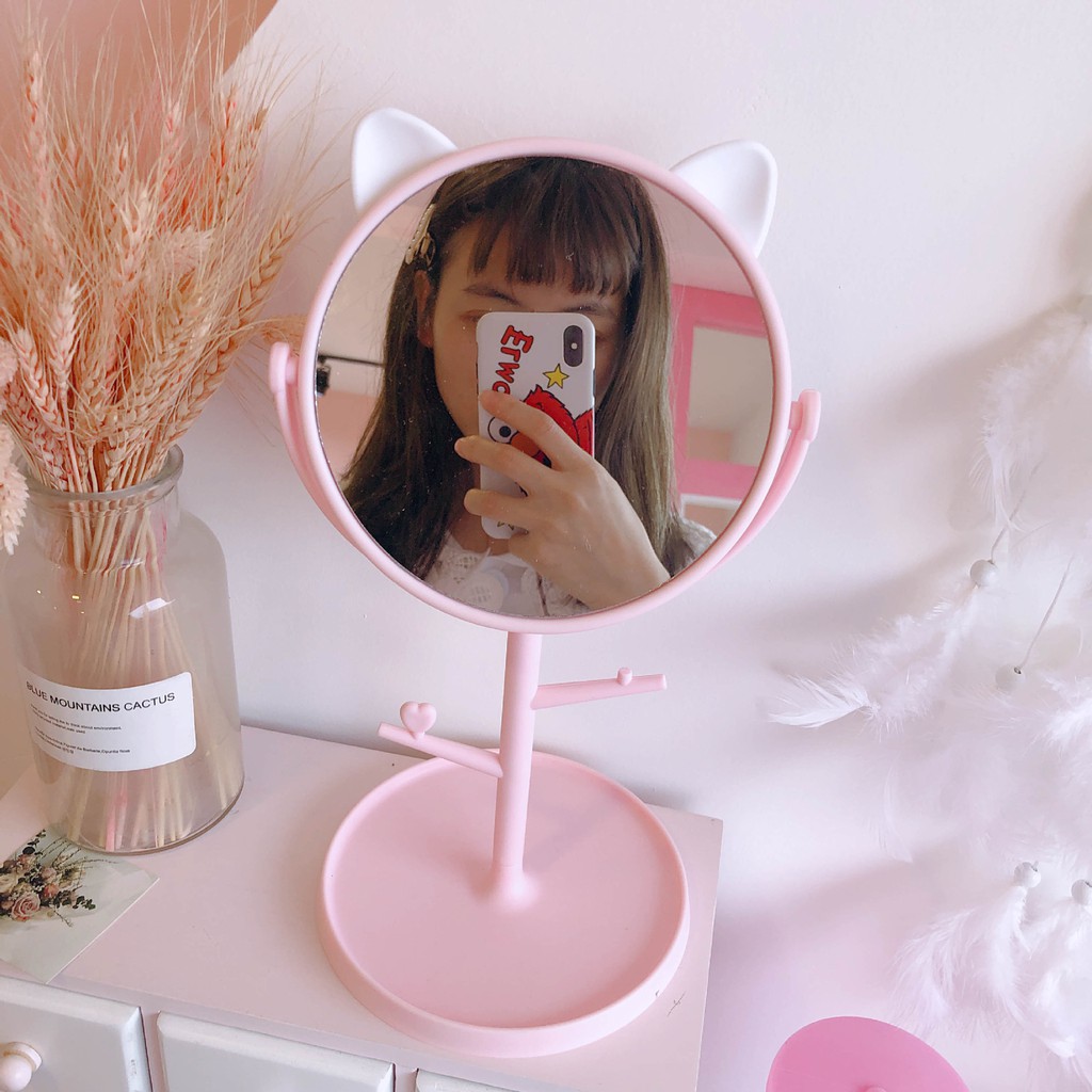 &lt;Video Review&gt; Gương Trang Điểm Tai Mèo Để Bàn Có 2 Móc Treo Đồ Tiện Dụng A578
