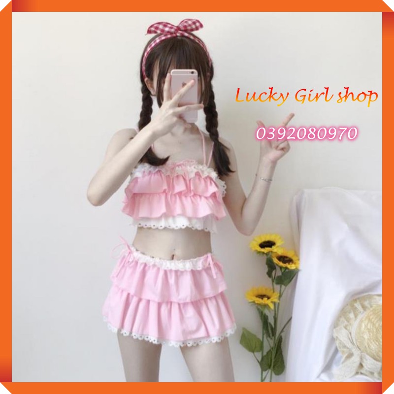 Bikini Bộ Bơi Đồ Bơi Bé Gái 2 Mảnh Rời Bèo Voan Đính Nơ Xinh Xắn Size M  - Hàng Nhập Quảng Châu