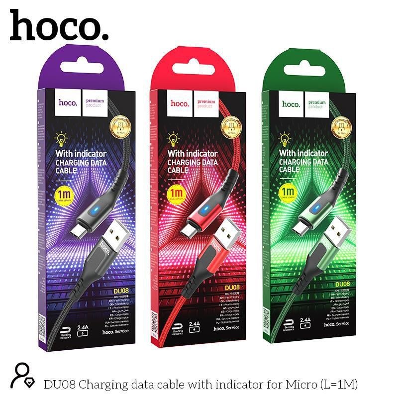 Cáp Sạc Android Hoco DU08💝CAO CẤP💝Cáp Sạc Nhanh 2.4A Chân Micro USB/Type-C Có Đèn Cho Android, Samsung,... Dài 1M/2M