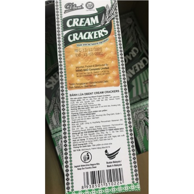 Bánh lúa lạt ăn kiêng Dbent CREAM CRACKERS 375g nhập khẩu Malaysia (3 túi/hộp)