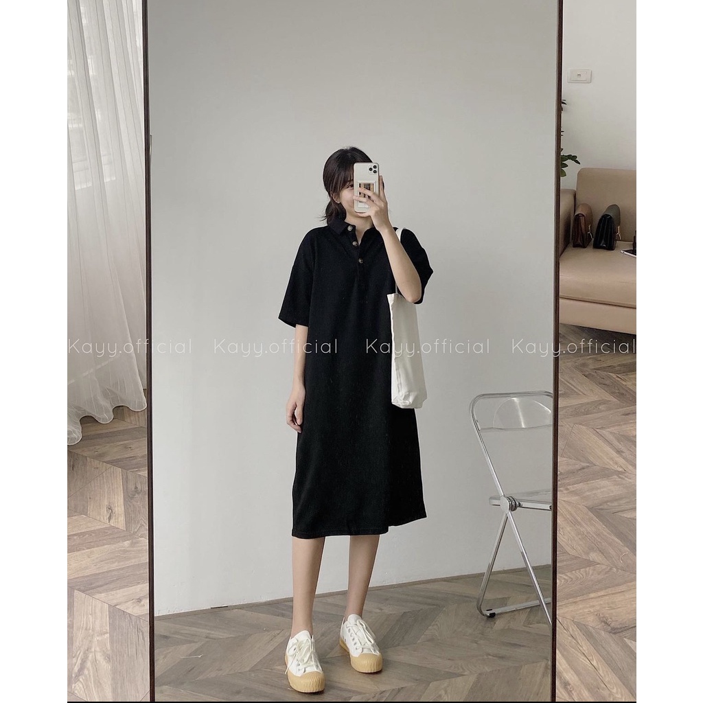 [ẢNH THẬT] Váy Polo nữ Váy Polo suông Cúc đồng Cotton thun Váy dáng xuông tay lỡ Ulzzang Váy Polo Nữ
