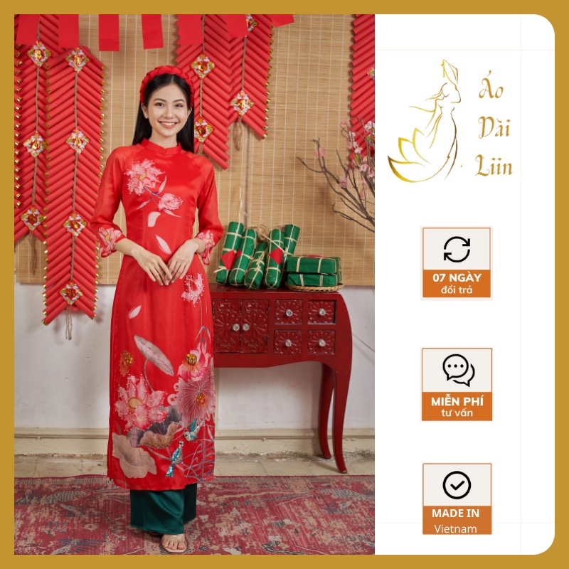 Áo Dài Cách Tân Nữ - Áo Dài Nữ Họa Tiết Hoa Sen Việt Nam Chất Liệu Tơ Óng Cao Cấp AD02