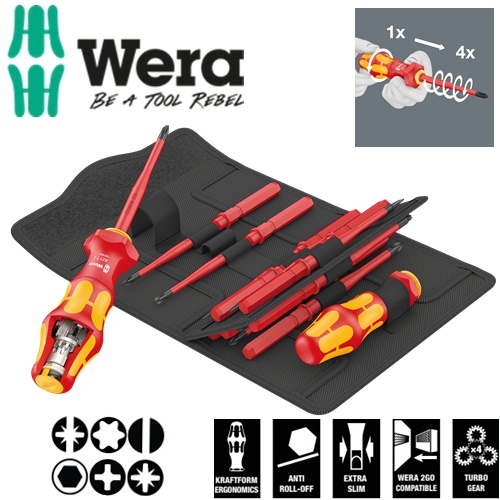Bộ tua vít cách điện Wera 05057484001 Kraftform Kompakt Turbo i 1 với cán vít cách điện 1 vòng thành 4 vòng gồm 16 cái
