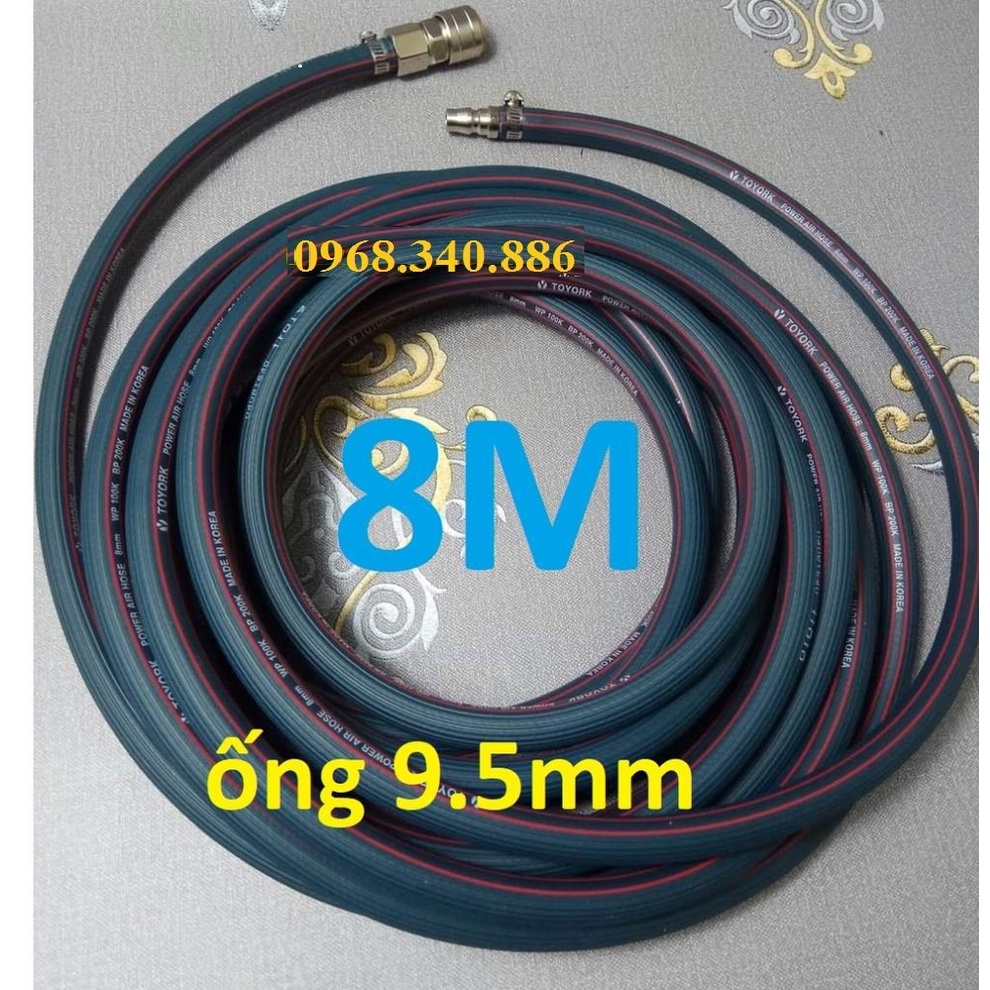 Dây hơi cao su bố vải 20m, made in Korea, lỗ 9.5mm, kèm bộ đầu nối nhanh cao cấp