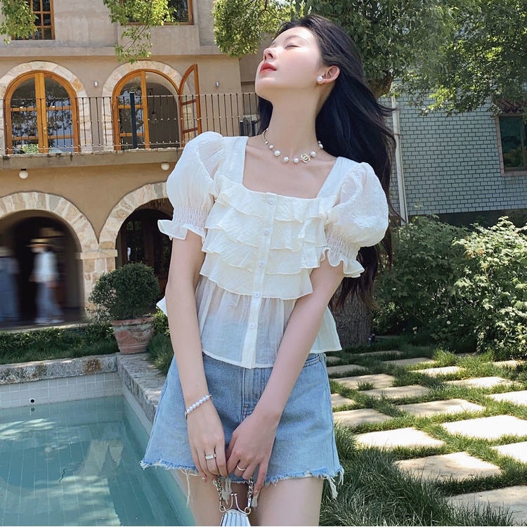 Áo Chiffon Ngắn Tay Cổ Vuông Màu Sắc Trơn Thời Trang Cho Nữ  tao bao