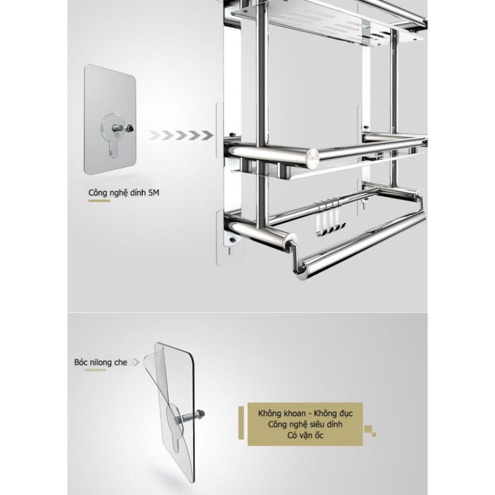 Giá Inox 304, Kệ nhà tắm treo khăn đồ dùng nhà tắm lắp đặt dính tường không cần khoan