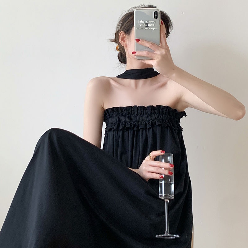 [Spot] Women's Personalized Dresses Tubular Turtleneck Tops Black Mini Skirts Long Elegant Skirts Long Sleeveless Dresses