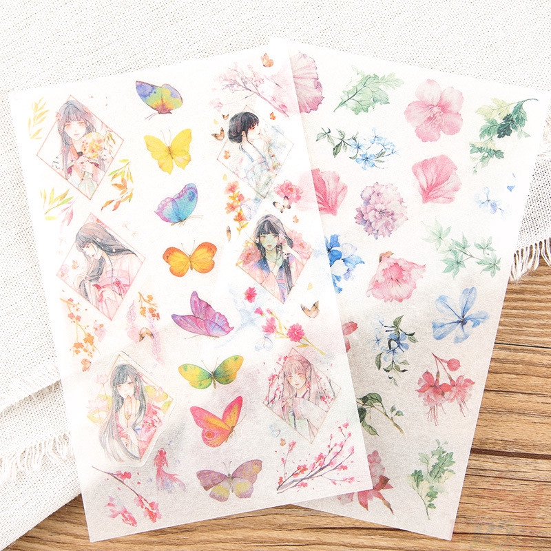 &gt; Ready Stock &lt; ❉ Flower &amp; Girl Giấy và decal dán tường ❉6Sheet/set DIY Diary Scrapbooking Decals Stickers