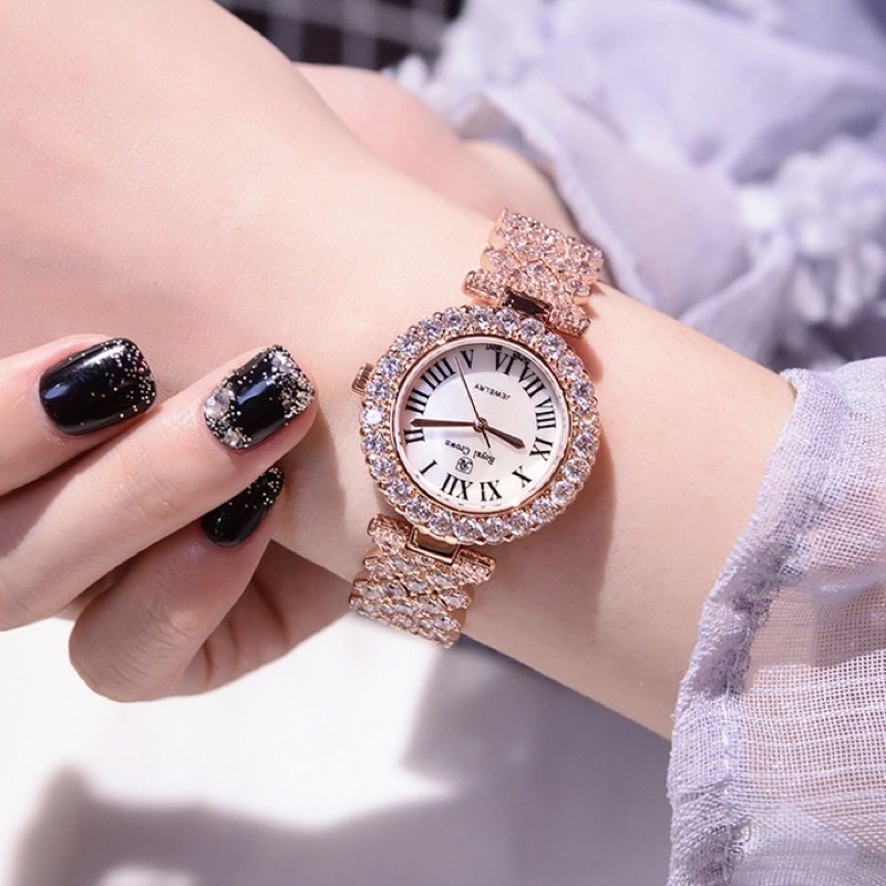 Đồng Hồ Nữ Royal Crown Đính Đá Dây Kim Loại Cao Cấp Đẹp Sang Trọng