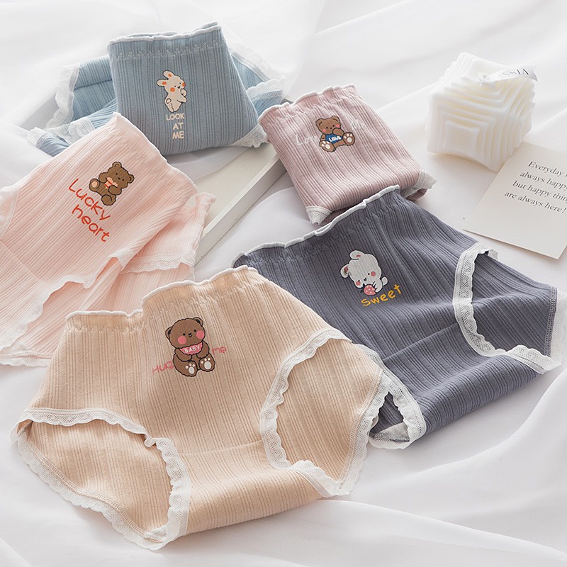 Quần Lót Nữ Cotton Tăm Phối Viền Ren Ren Thoáng Khí Họa Tiết Gấu/Thỏ Dễ Thương 345
