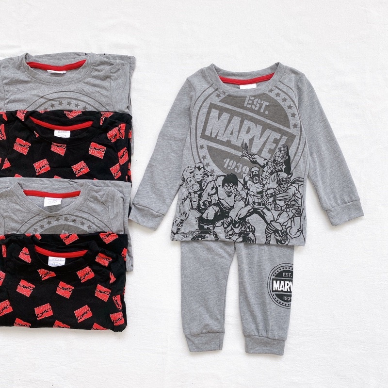 Set 2 bộ cotton dài tay cho bé trai hoạ tiết marvel đen ghi cho bé từ 10-24 cân
