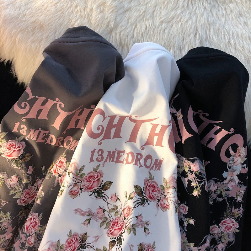 Áo Thun Cotton Ngắn Tay Dáng Rộng In Hình Hoa Hồng Thắt Nơ Kiểu Retro Mỹ Cho Cặp Đôi