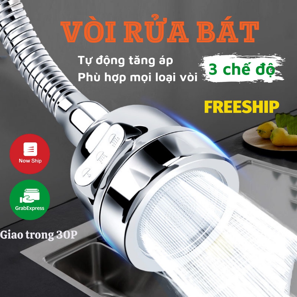 Vòi Rửa Bát Đầu Vòi Bồn Rửa Bát Tăng Áp Inox Xoay 360 Độ 3 Chế Độ Nước NOBITA OFFICIAL