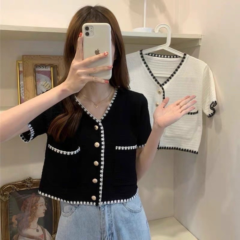 Áo cổ V chạy viền cổ gài nút, Áo croptop cài cúc cổ V chạy viền sang chảnh ☘️☘️☘️Ny alohastore1