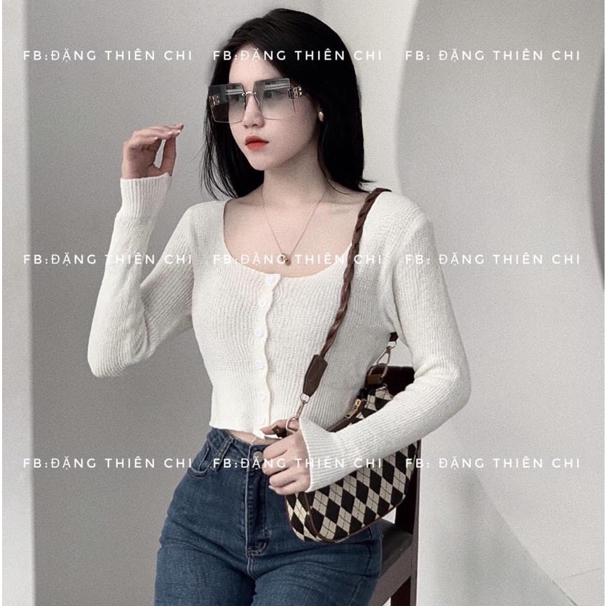 Bingshop Áo len nữ dáng croptop dài tay cổ tròn cúc dọc vải len dệt cao cấp