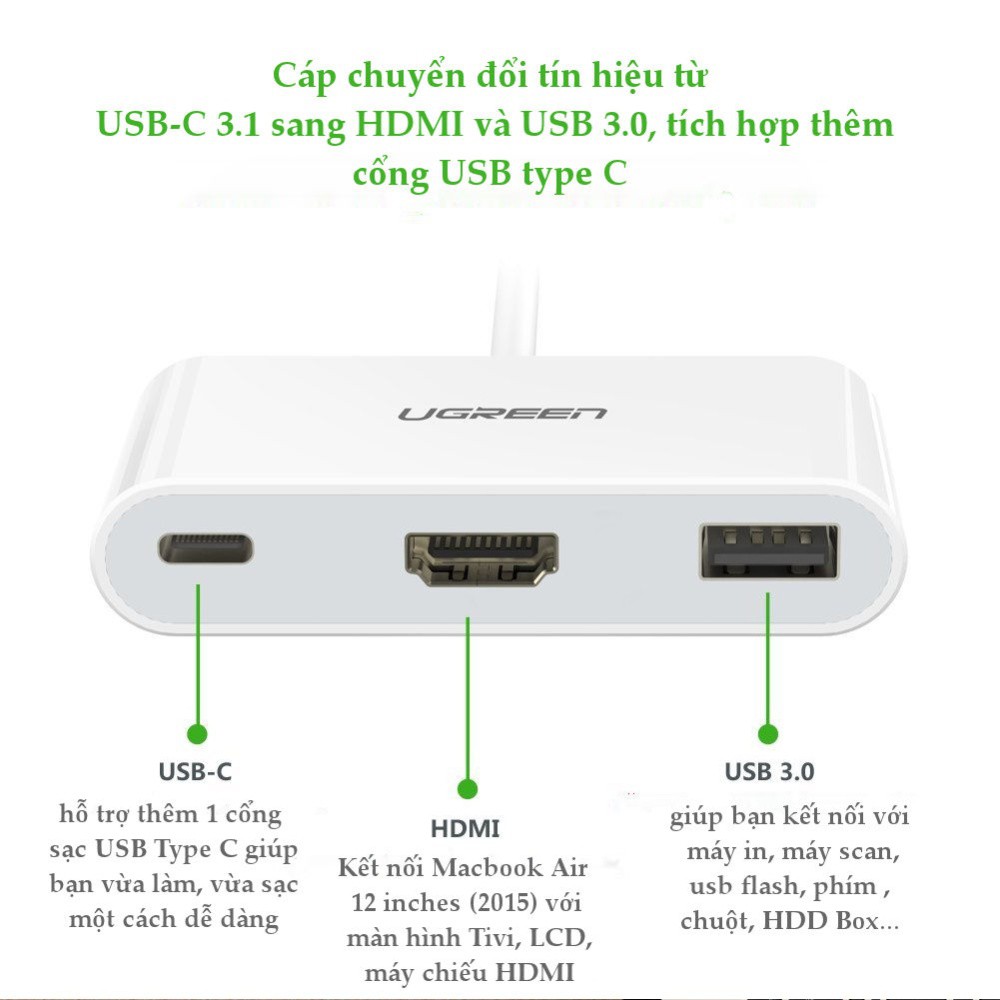 Dây chuyển đổi USB Type-C sang USB 3.0 + HDMI + USB Type-C UGREEN 30377 (màu trắng) | WebRaoVat - webraovat.net.vn