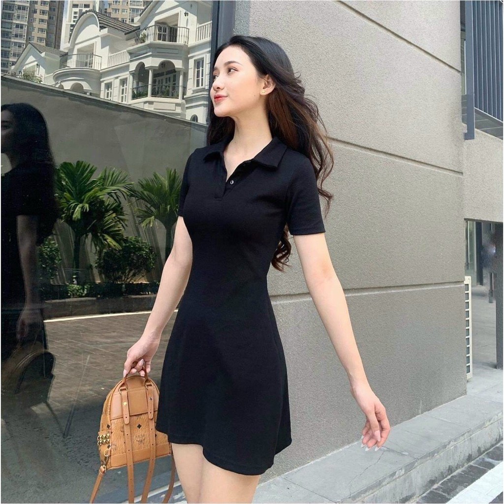 Đầm Body Polo, Váy Polo Chất Cotton Lạnh, Cổ Bẻ, Tay Ngắn, 2 Màu Be và Đen. COS V1007