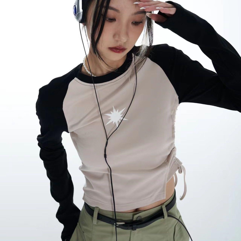 Áo Thun Tay Dài Raglan Cột Dây Màu Sắc Tương Phản Phong Cách Mỹ Thời Trang Mùa Thu Cho Nữ