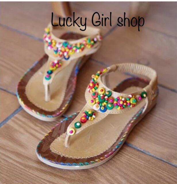 Sandal Nữ Xỏ Ngón Bohemian Đính Hạt Gỗ Đế Chống Trượt Siêu Xinh - Lucky Girl shop