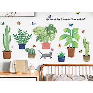 Decal dán tường luvina trang trí phòng khách, phòng ngủ, phòng ăn-chậu cây và con mèo